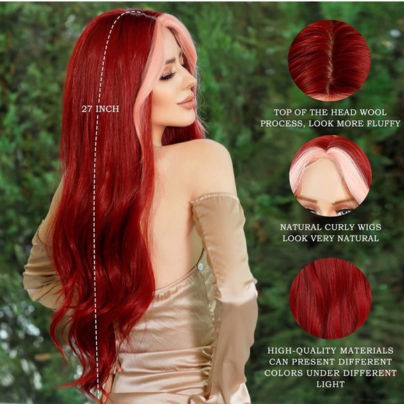 Long Wavy Wine Red Wigs Pink Skunk Stripe Synthetic Wig Middle Part Curly Wavy - Picture 6 of 11